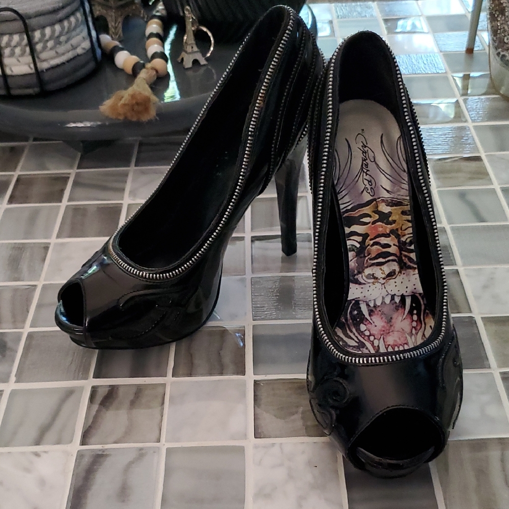 Ed Hardy Black Patent Peep-Toe Heels